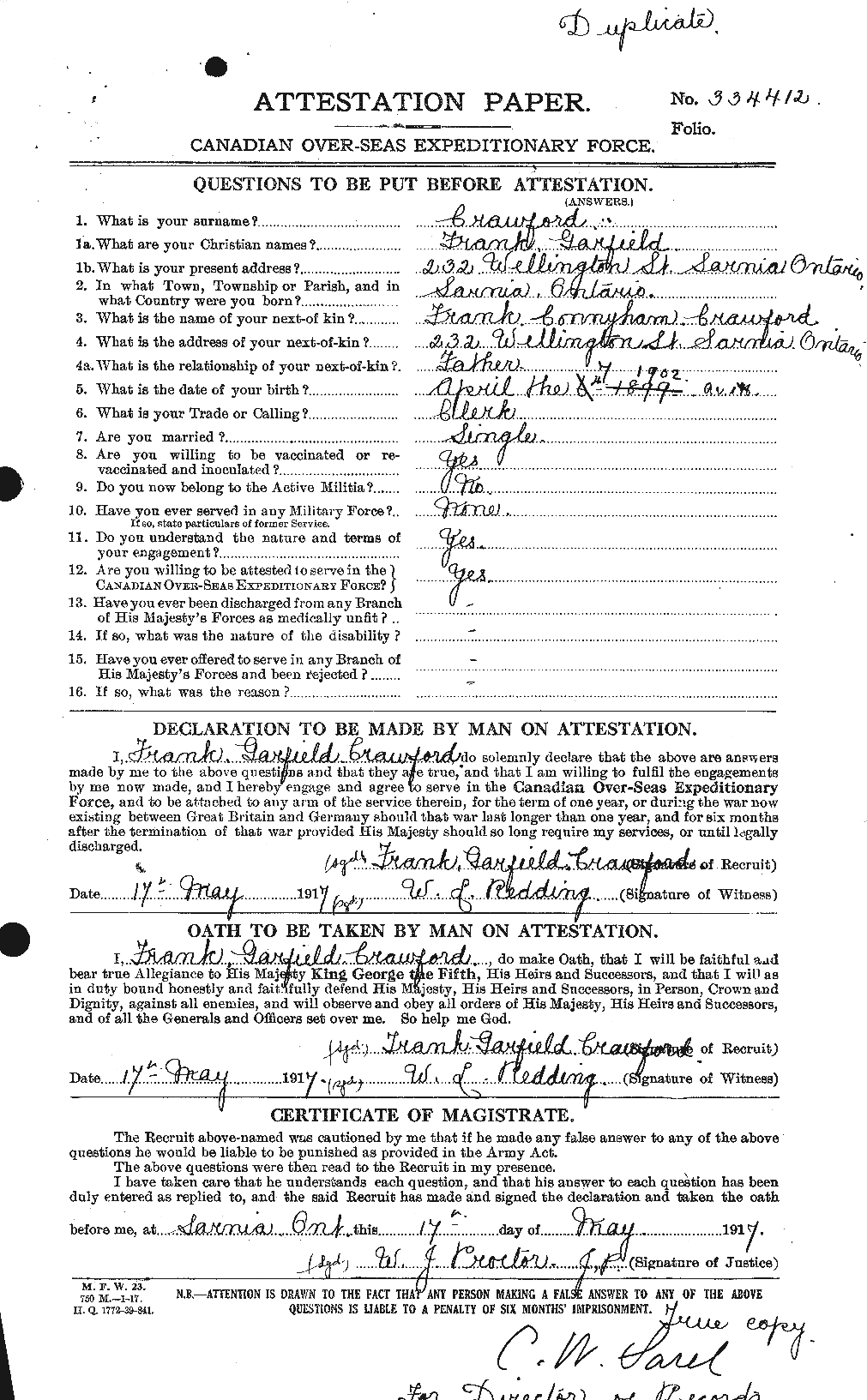 Dossiers du Personnel de la Première Guerre mondiale - CEC 060737a