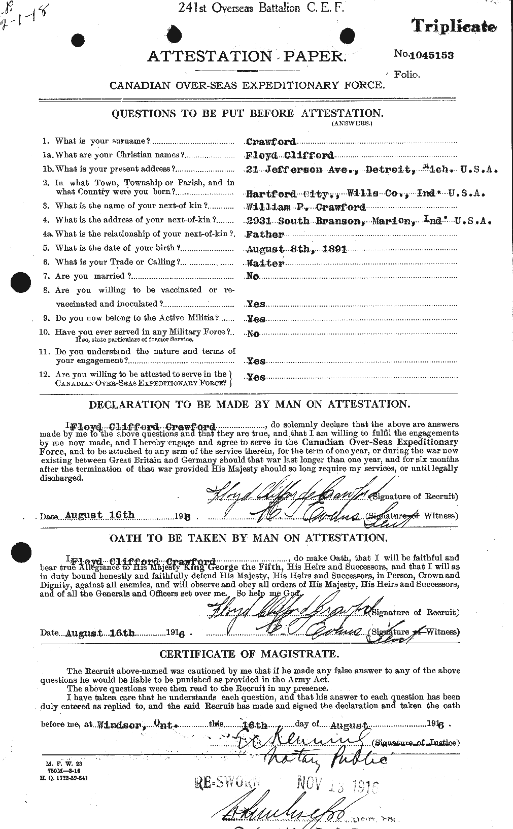 Dossiers du Personnel de la Première Guerre mondiale - CEC 060740a