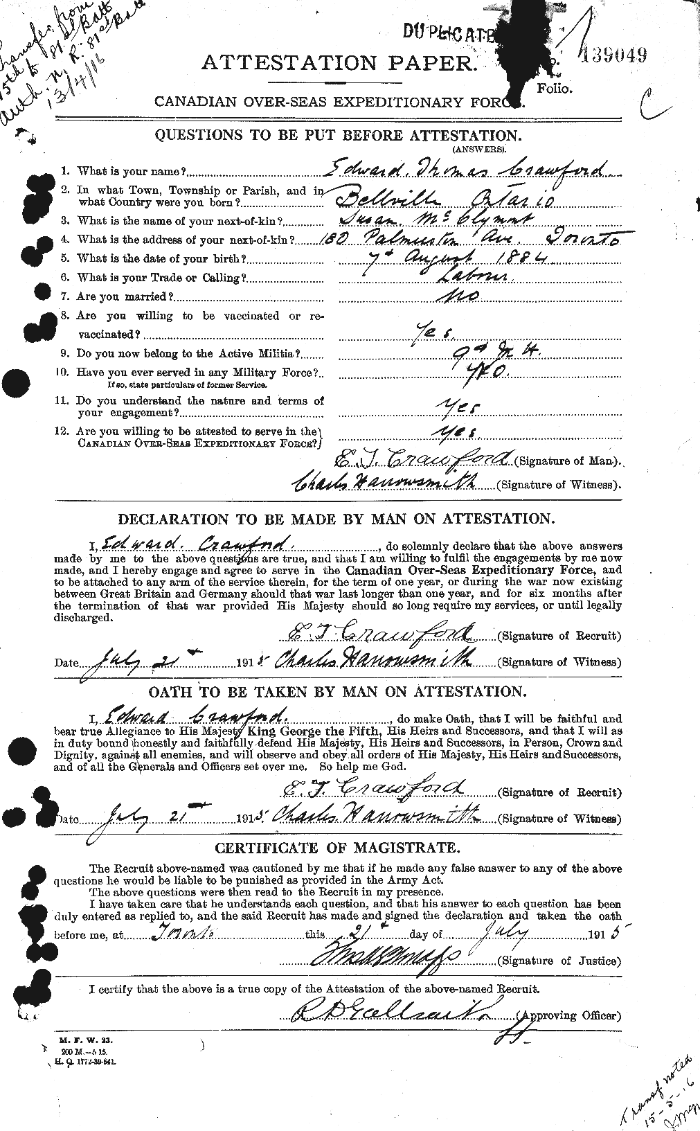 Dossiers du Personnel de la Première Guerre mondiale - CEC 060749a