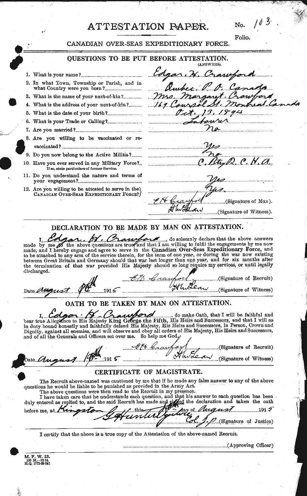 Dossiers du Personnel de la Première Guerre mondiale - CEC 060806a