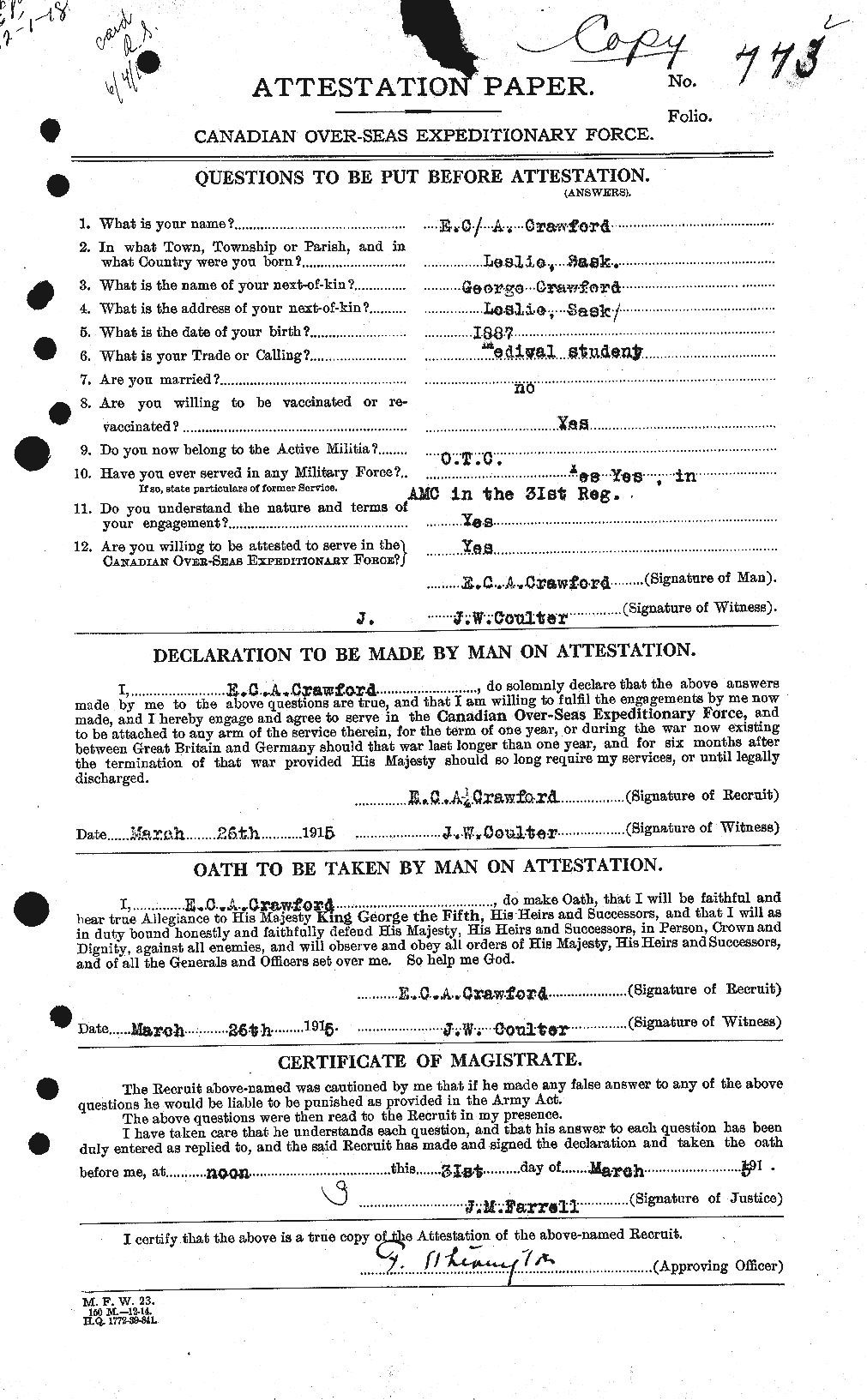 Dossiers du Personnel de la Première Guerre mondiale - CEC 060810a
