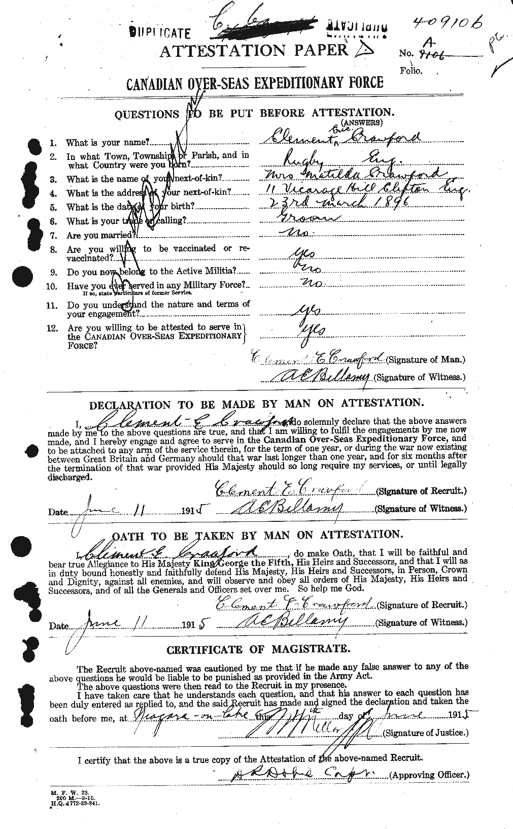 Dossiers du Personnel de la Première Guerre mondiale - CEC 060829a