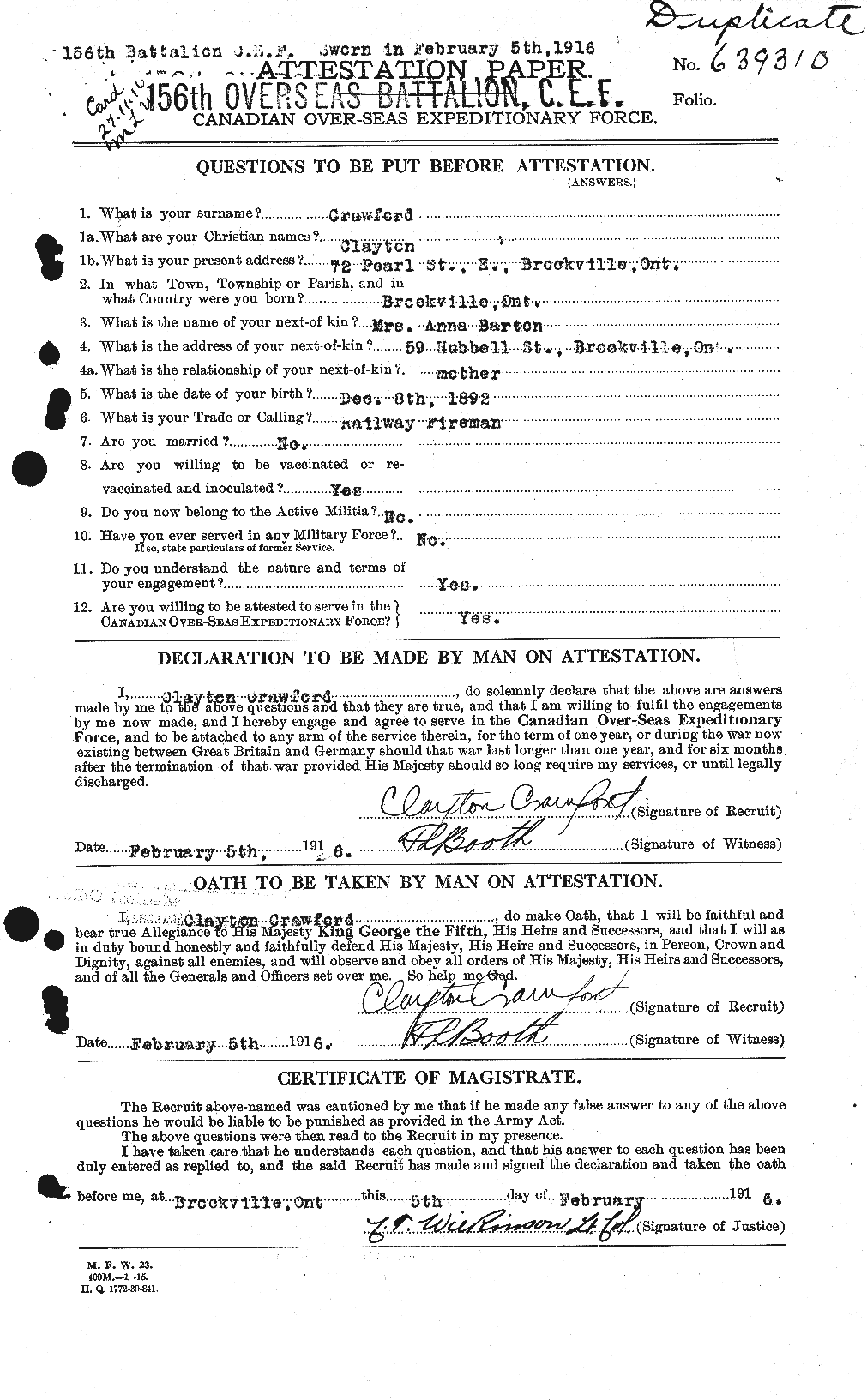 Dossiers du Personnel de la Première Guerre mondiale - CEC 060831a