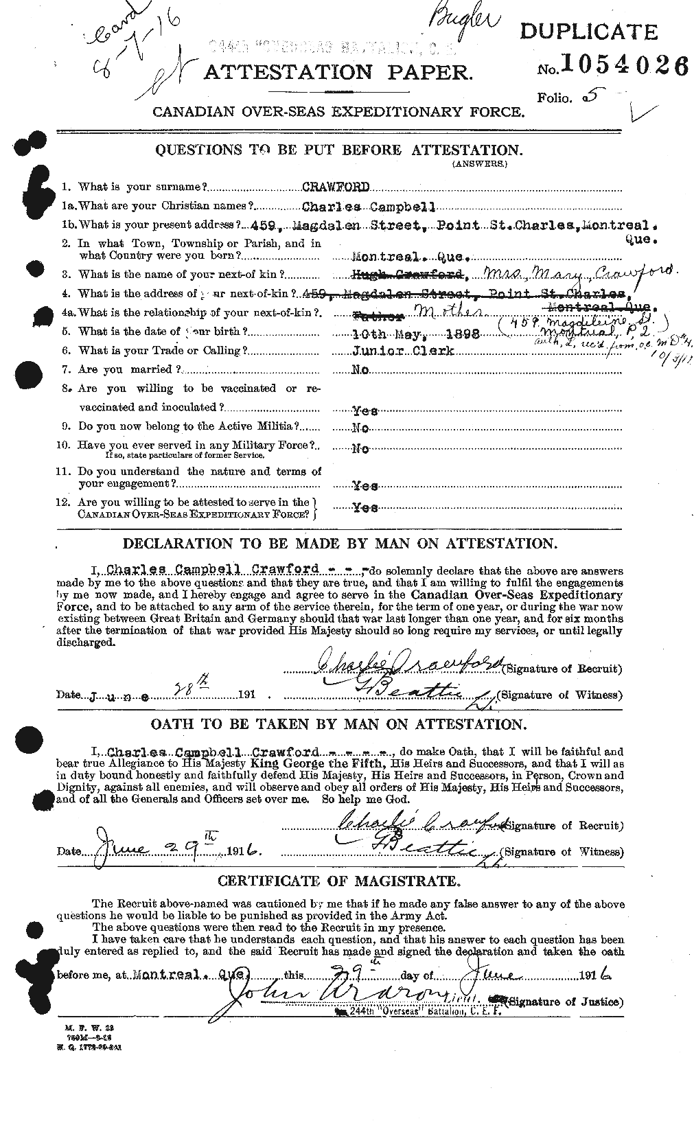 Dossiers du Personnel de la Première Guerre mondiale - CEC 060844a