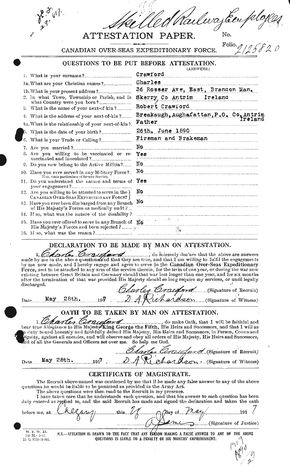 Dossiers du Personnel de la Première Guerre mondiale - CEC 060853a