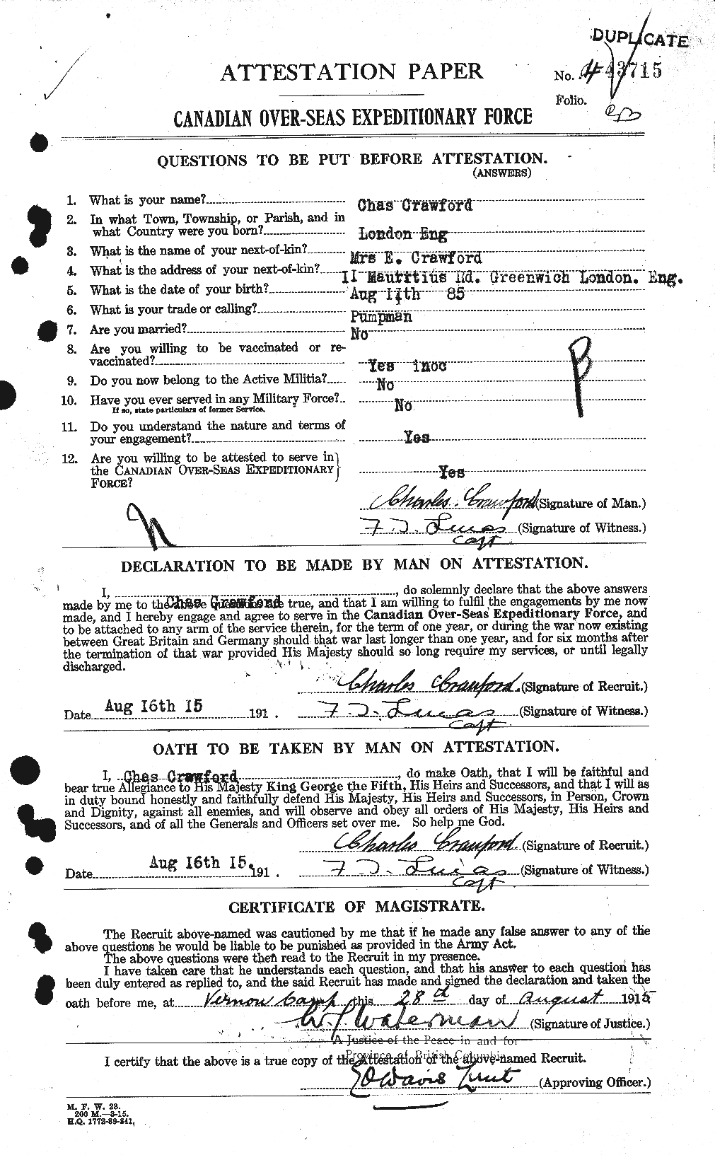 Dossiers du Personnel de la Première Guerre mondiale - CEC 060854a