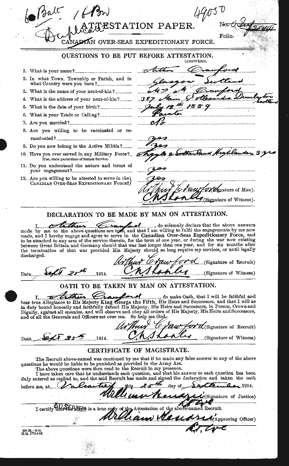 Dossiers du Personnel de la Première Guerre mondiale - CEC 060929a