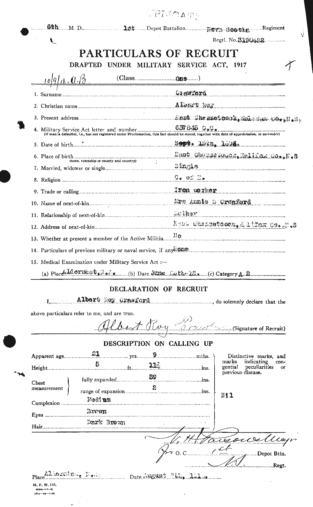 Dossiers du Personnel de la Première Guerre mondiale - CEC 061020a