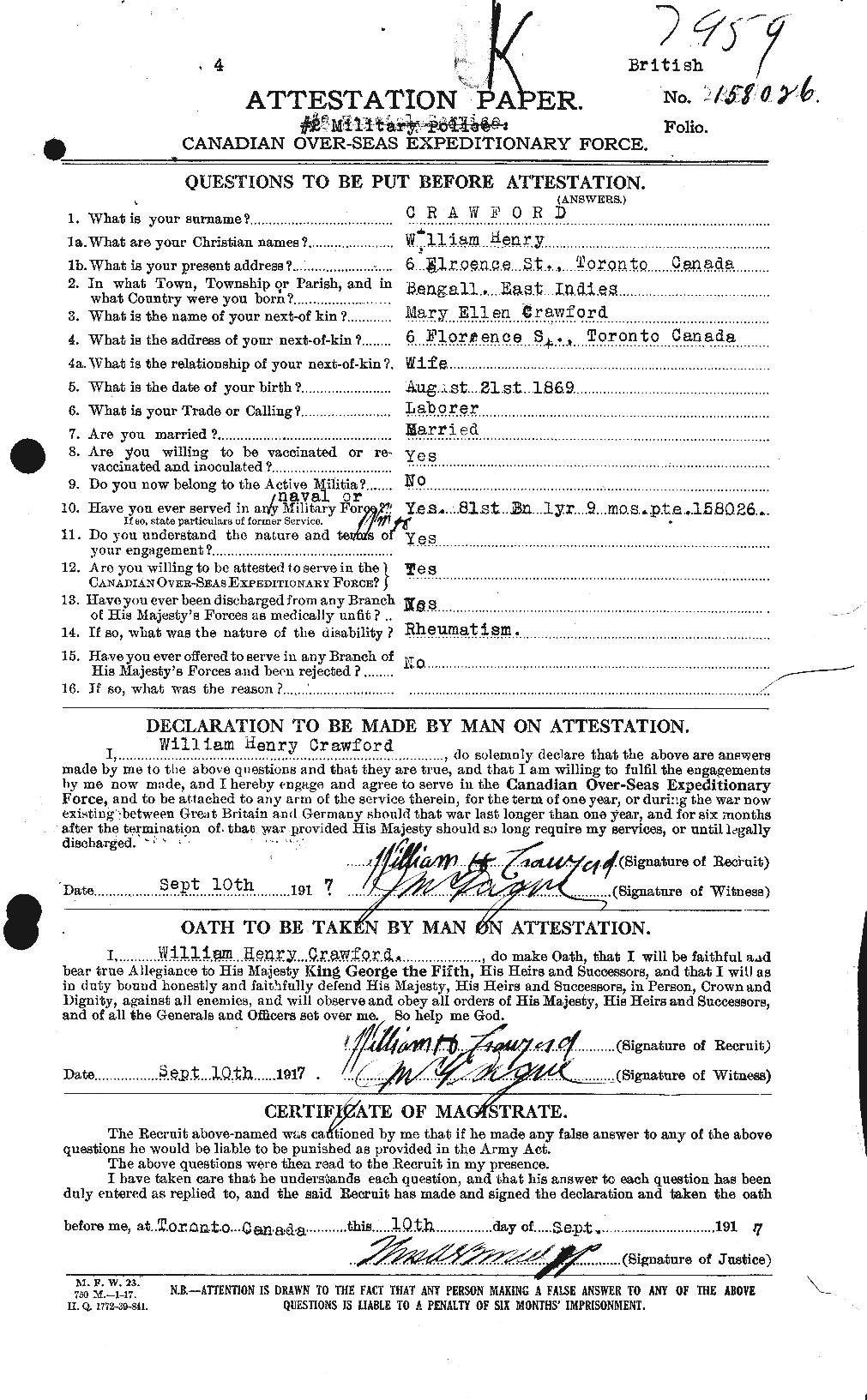 Dossiers du Personnel de la Première Guerre mondiale - CEC 061137a
