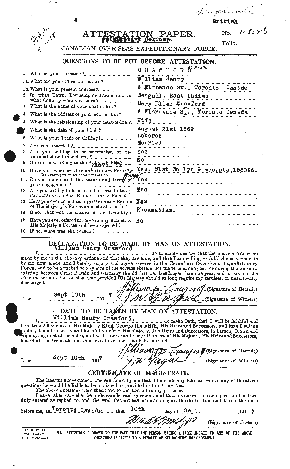 Dossiers du Personnel de la Première Guerre mondiale - CEC 061139a