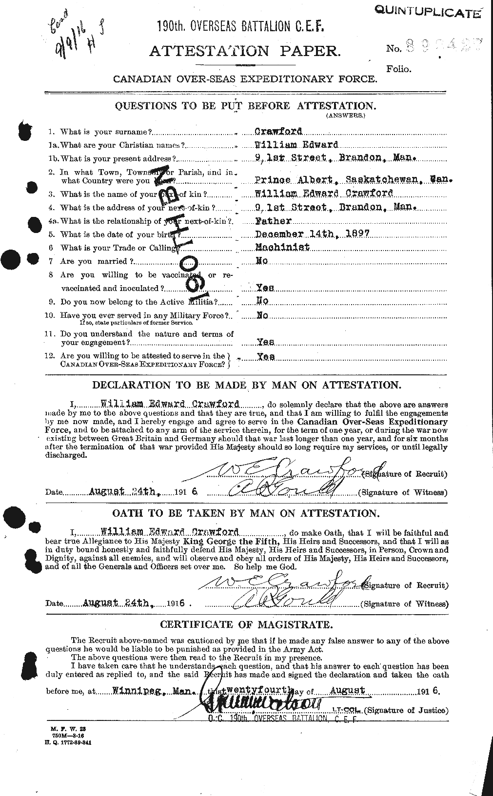 Dossiers du Personnel de la Première Guerre mondiale - CEC 061146a