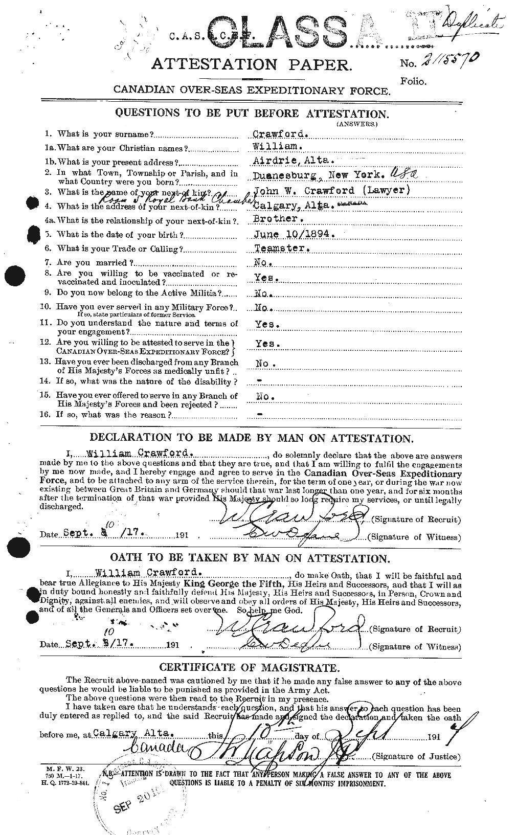 Dossiers du Personnel de la Première Guerre mondiale - CEC 061155a