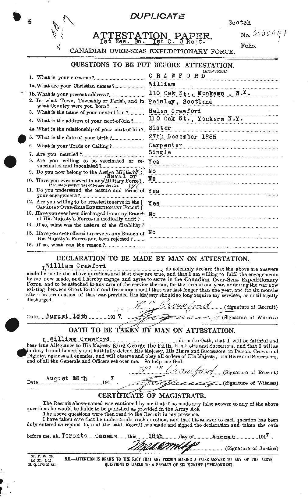 Dossiers du Personnel de la Première Guerre mondiale - CEC 061158a
