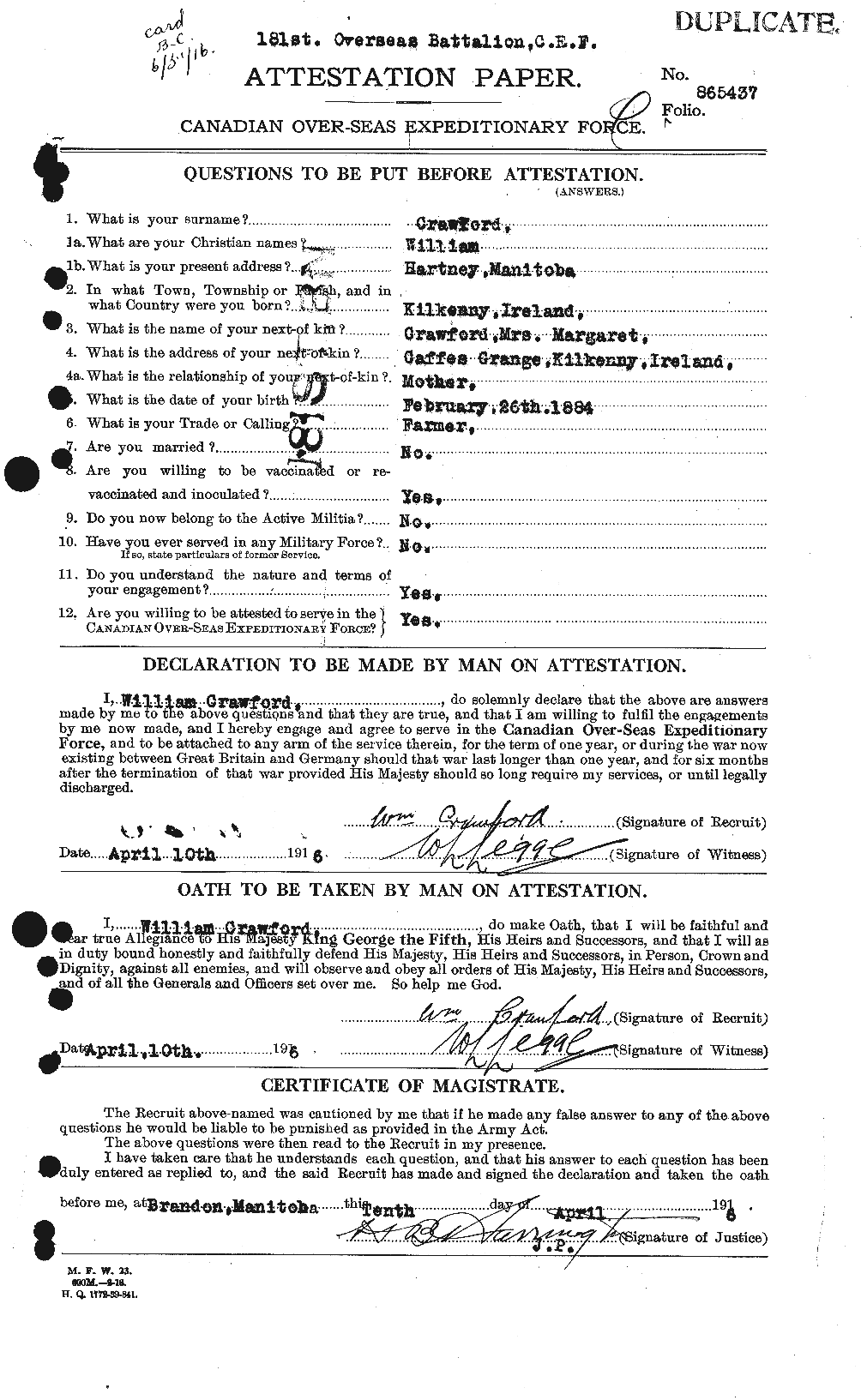 Dossiers du Personnel de la Première Guerre mondiale - CEC 061165a