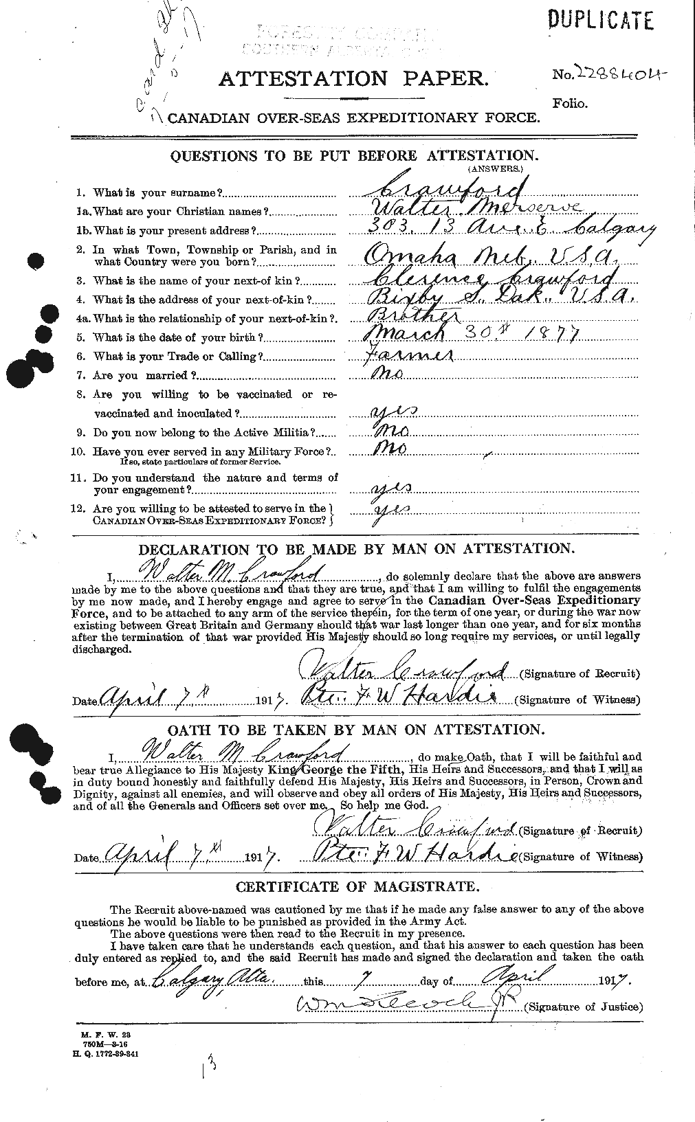 Dossiers du Personnel de la Première Guerre mondiale - CEC 061172a
