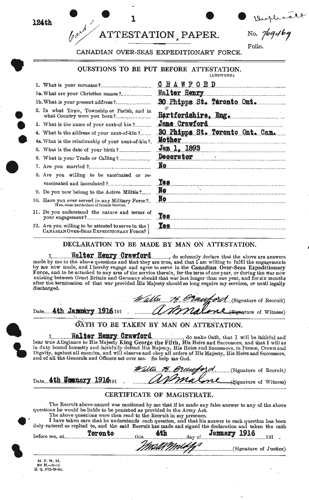 Dossiers du Personnel de la Première Guerre mondiale - CEC 061173a