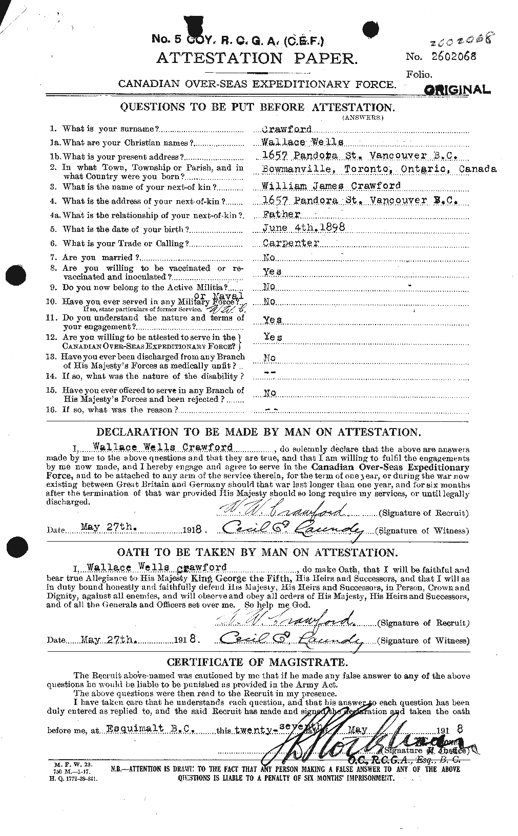 Dossiers du Personnel de la Première Guerre mondiale - CEC 061179a