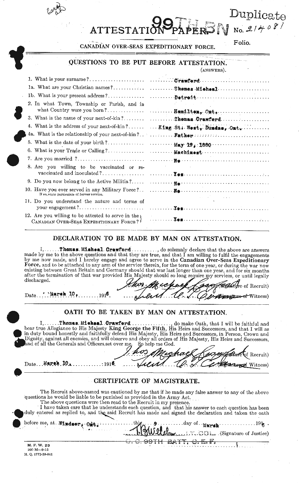 Dossiers du Personnel de la Première Guerre mondiale - CEC 061350a