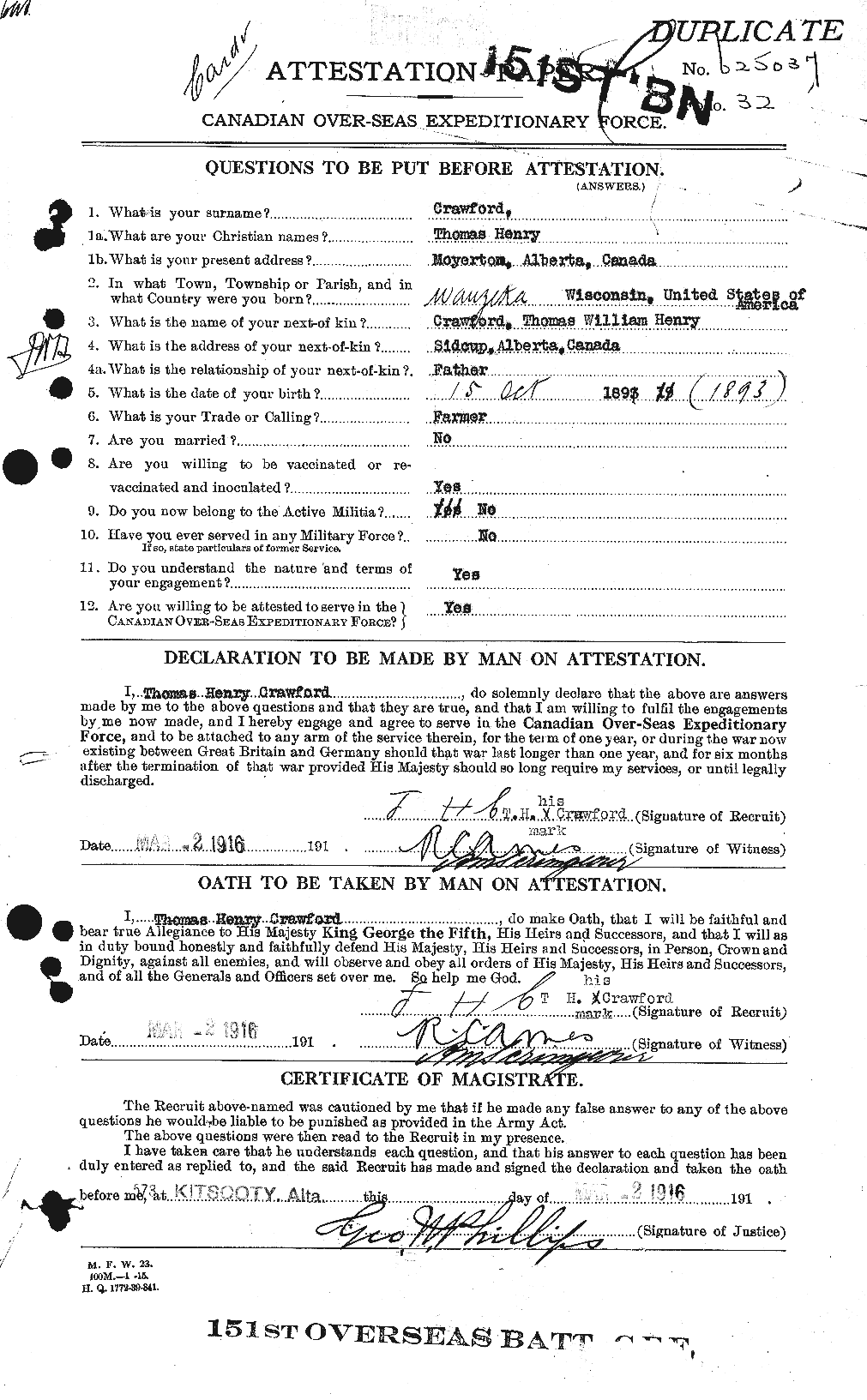 Dossiers du Personnel de la Première Guerre mondiale - CEC 061352a