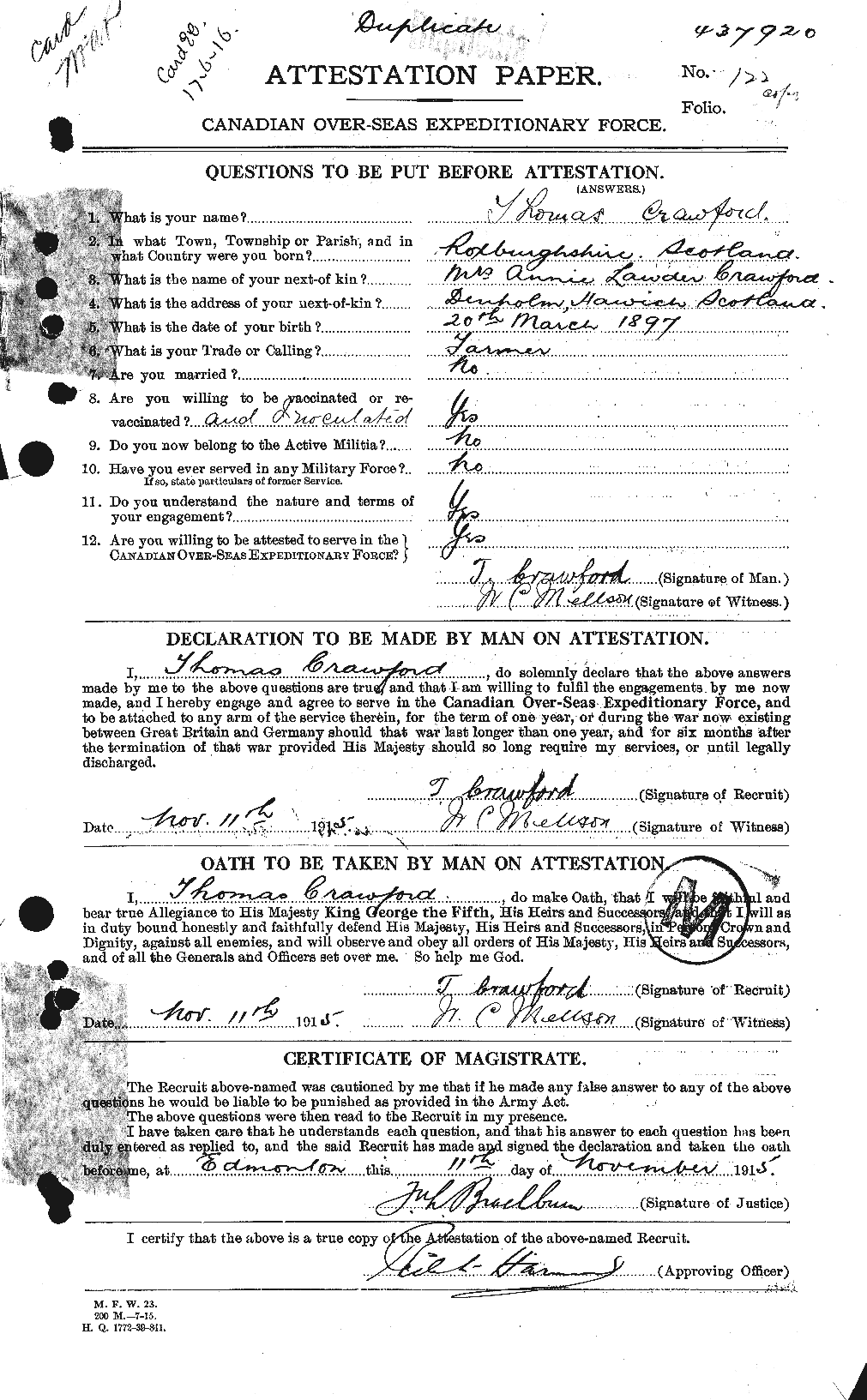 Dossiers du Personnel de la Première Guerre mondiale - CEC 061357a