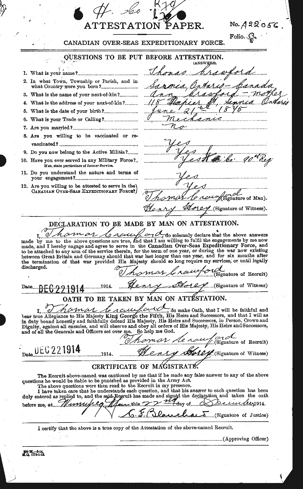 Dossiers du Personnel de la Première Guerre mondiale - CEC 061363a