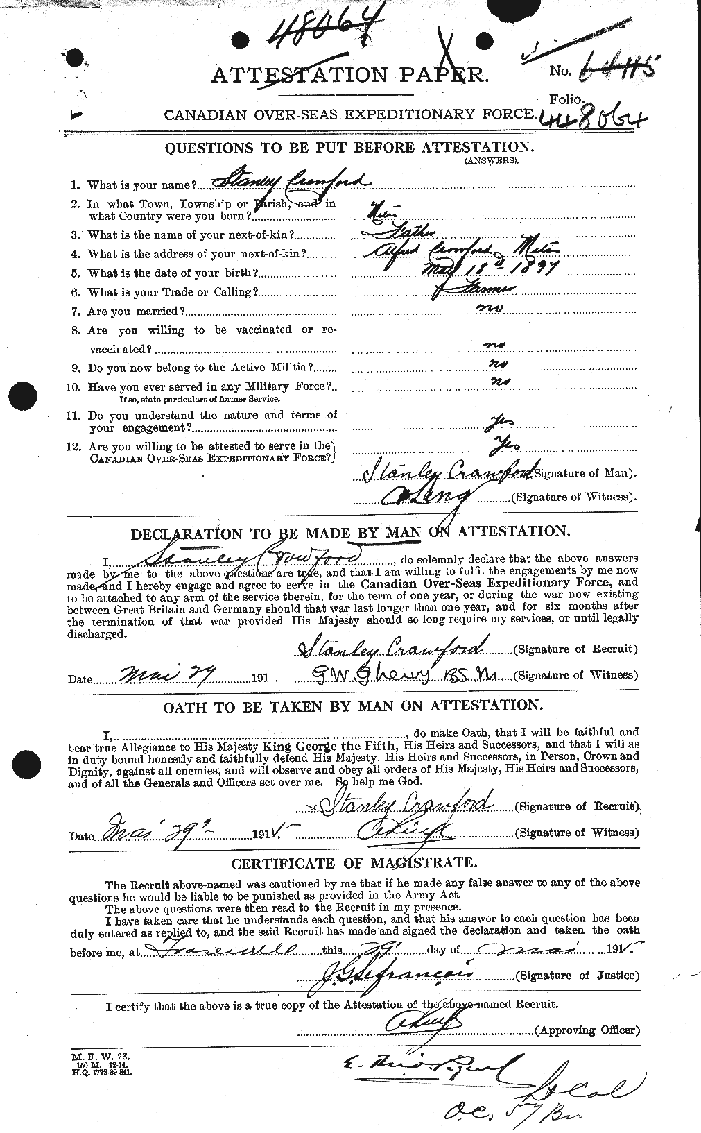 Dossiers du Personnel de la Première Guerre mondiale - CEC 061371a