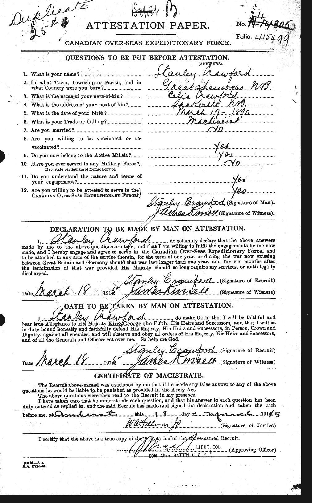 Dossiers du Personnel de la Première Guerre mondiale - CEC 061372a