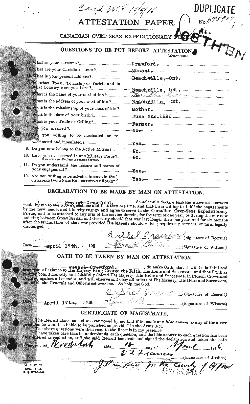 Dossiers du Personnel de la Première Guerre mondiale - CEC 061384a