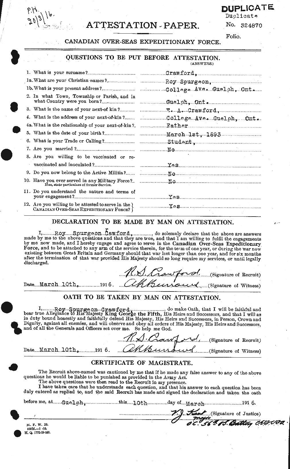 Dossiers du Personnel de la Première Guerre mondiale - CEC 061385a
