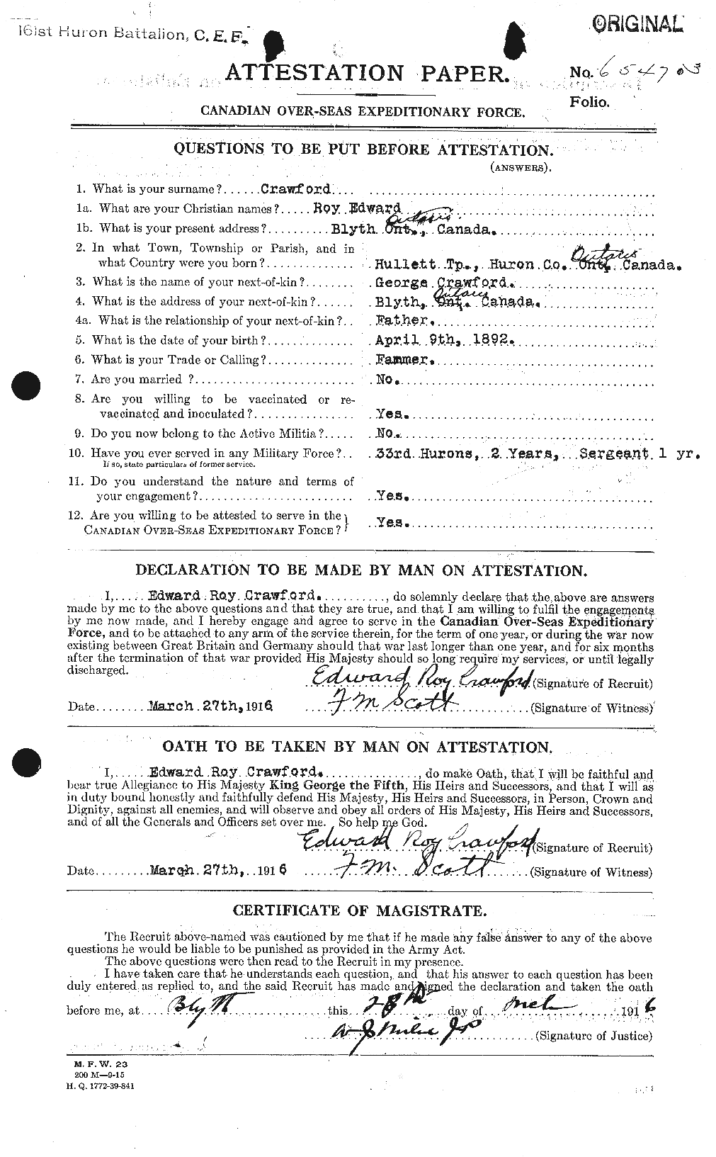 Dossiers du Personnel de la Première Guerre mondiale - CEC 061386a