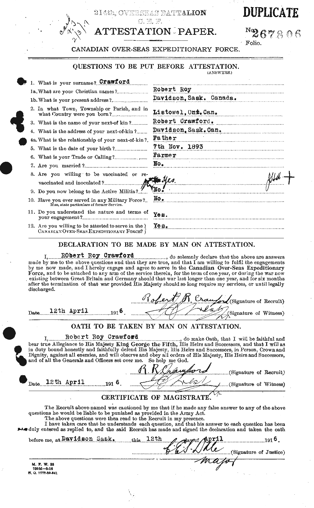 Dossiers du Personnel de la Première Guerre mondiale - CEC 061395a