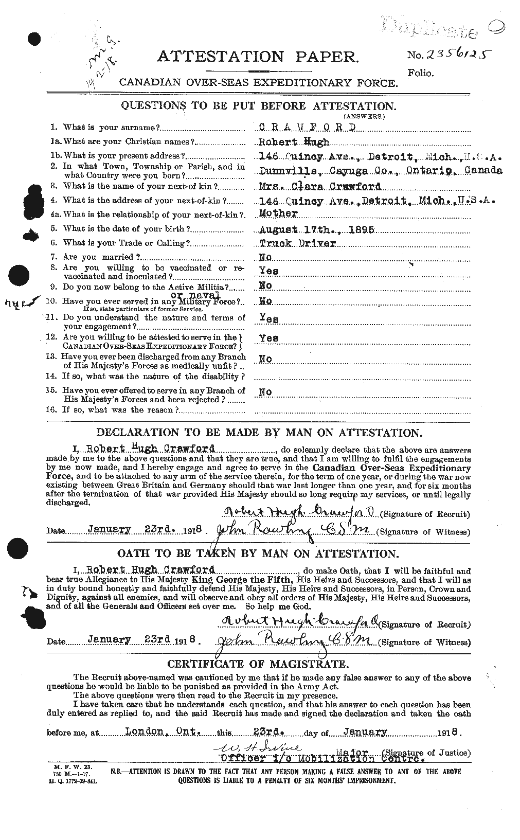 Dossiers du Personnel de la Première Guerre mondiale - CEC 061620a