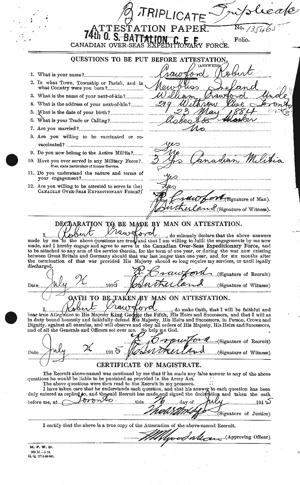 Dossiers du Personnel de la Première Guerre mondiale - CEC 061635a