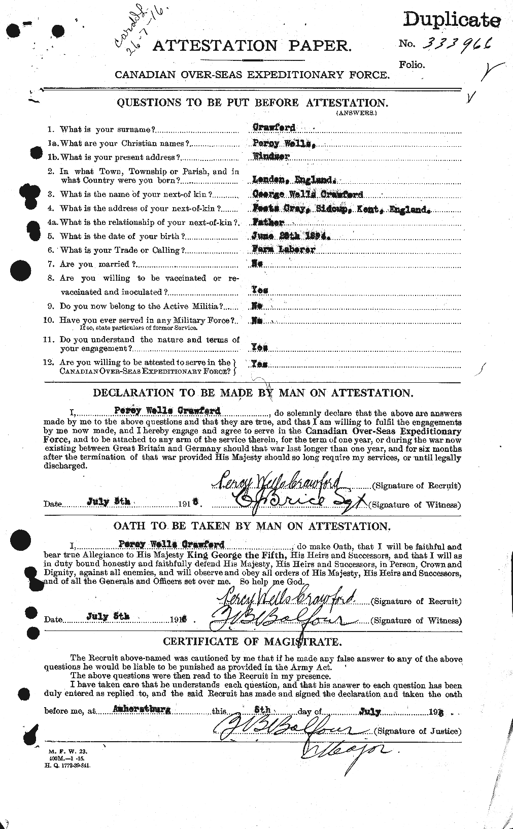 Dossiers du Personnel de la Première Guerre mondiale - CEC 061653a