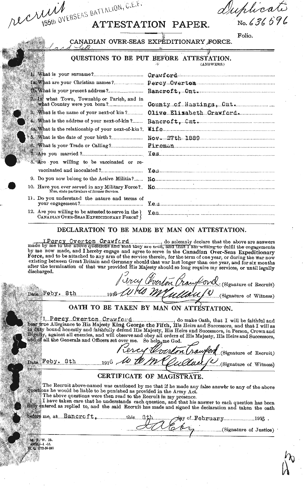 Dossiers du Personnel de la Première Guerre mondiale - CEC 061655a