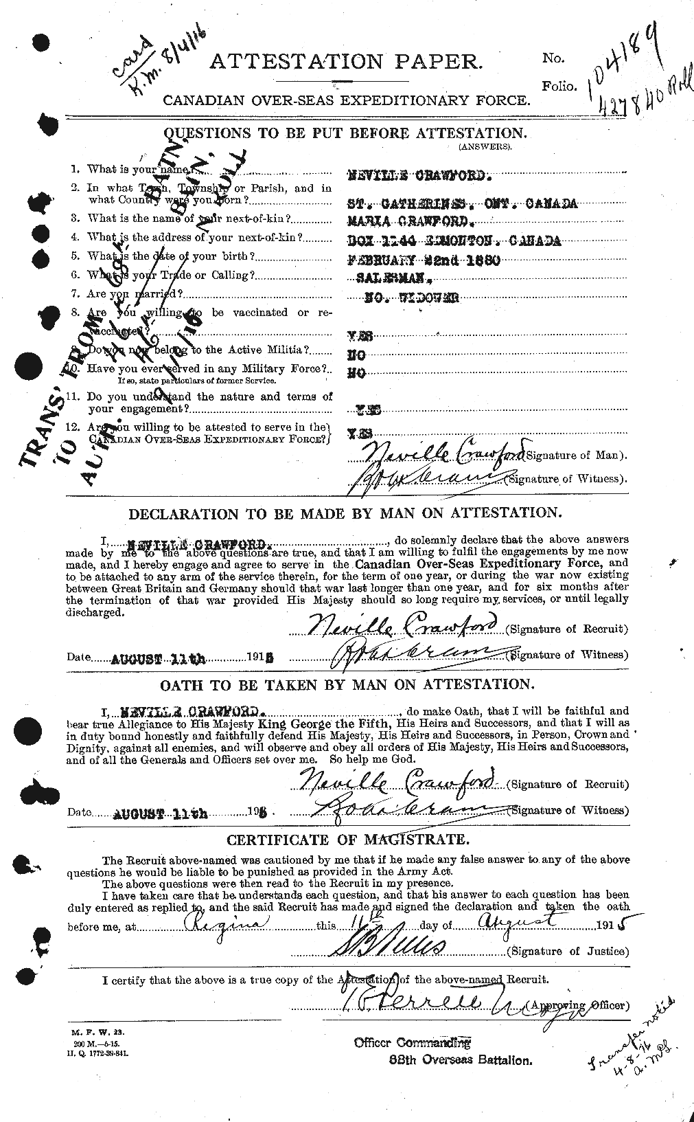 Dossiers du Personnel de la Première Guerre mondiale - CEC 061661a
