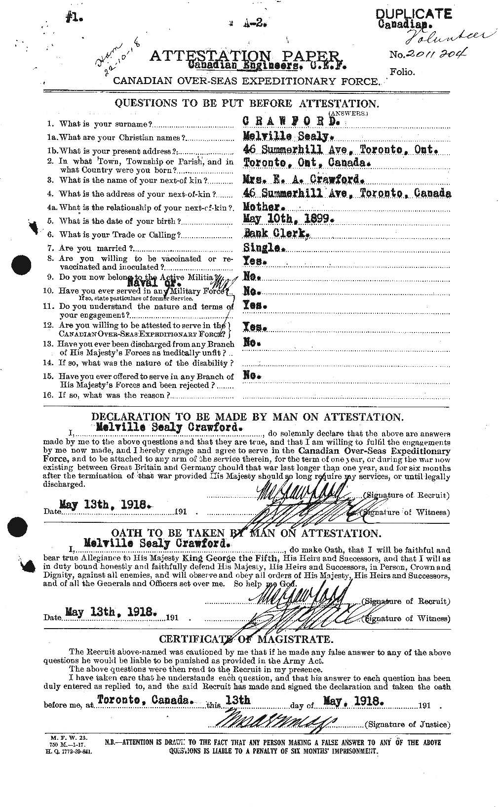 Dossiers du Personnel de la Première Guerre mondiale - CEC 061778a