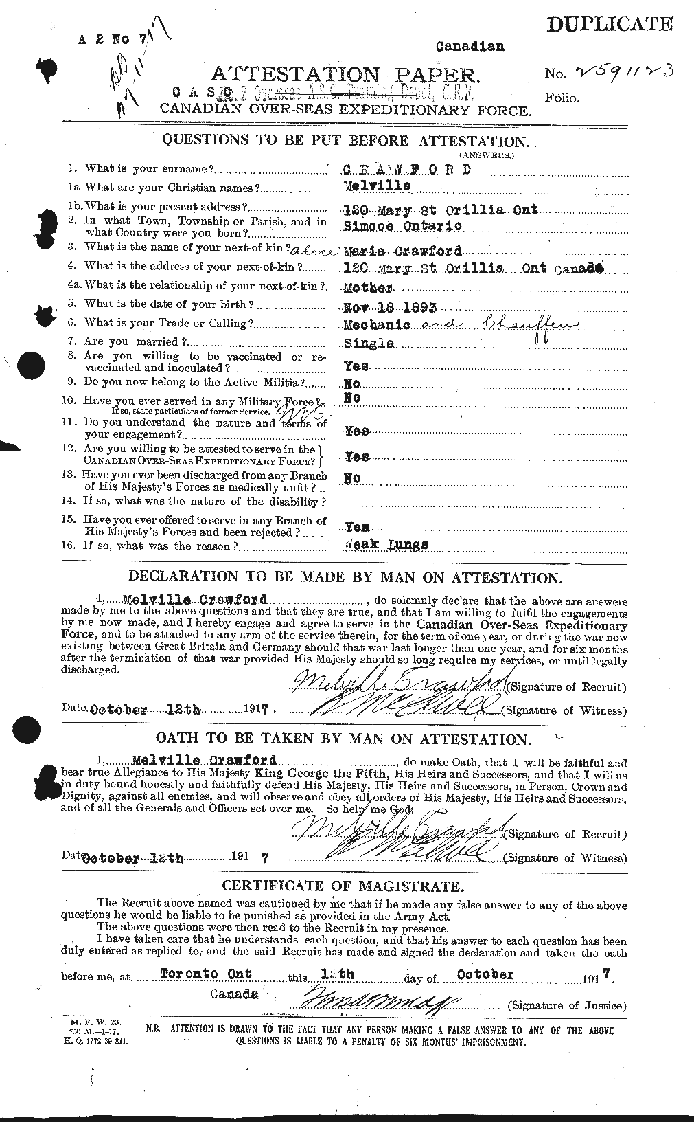 Dossiers du Personnel de la Première Guerre mondiale - CEC 061779a