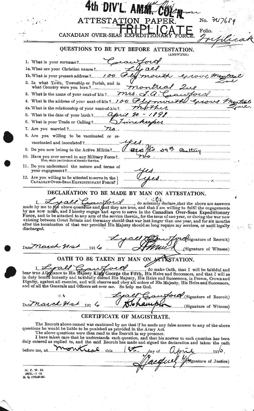 Dossiers du Personnel de la Première Guerre mondiale - CEC 061787a