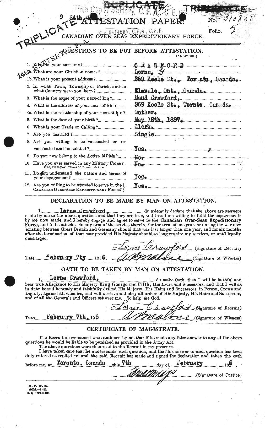 Dossiers du Personnel de la Première Guerre mondiale - CEC 061789a