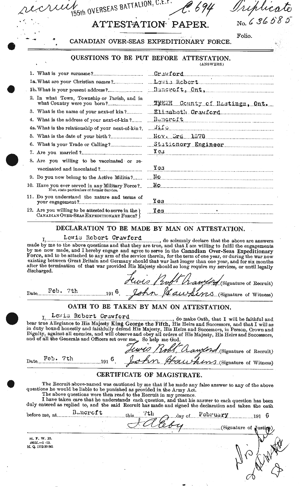 Dossiers du Personnel de la Première Guerre mondiale - CEC 061795a