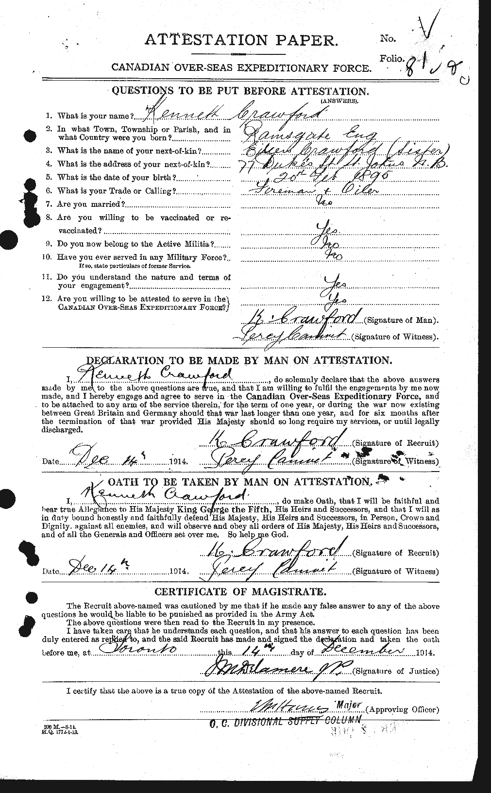 Dossiers du Personnel de la Première Guerre mondiale - CEC 061806a