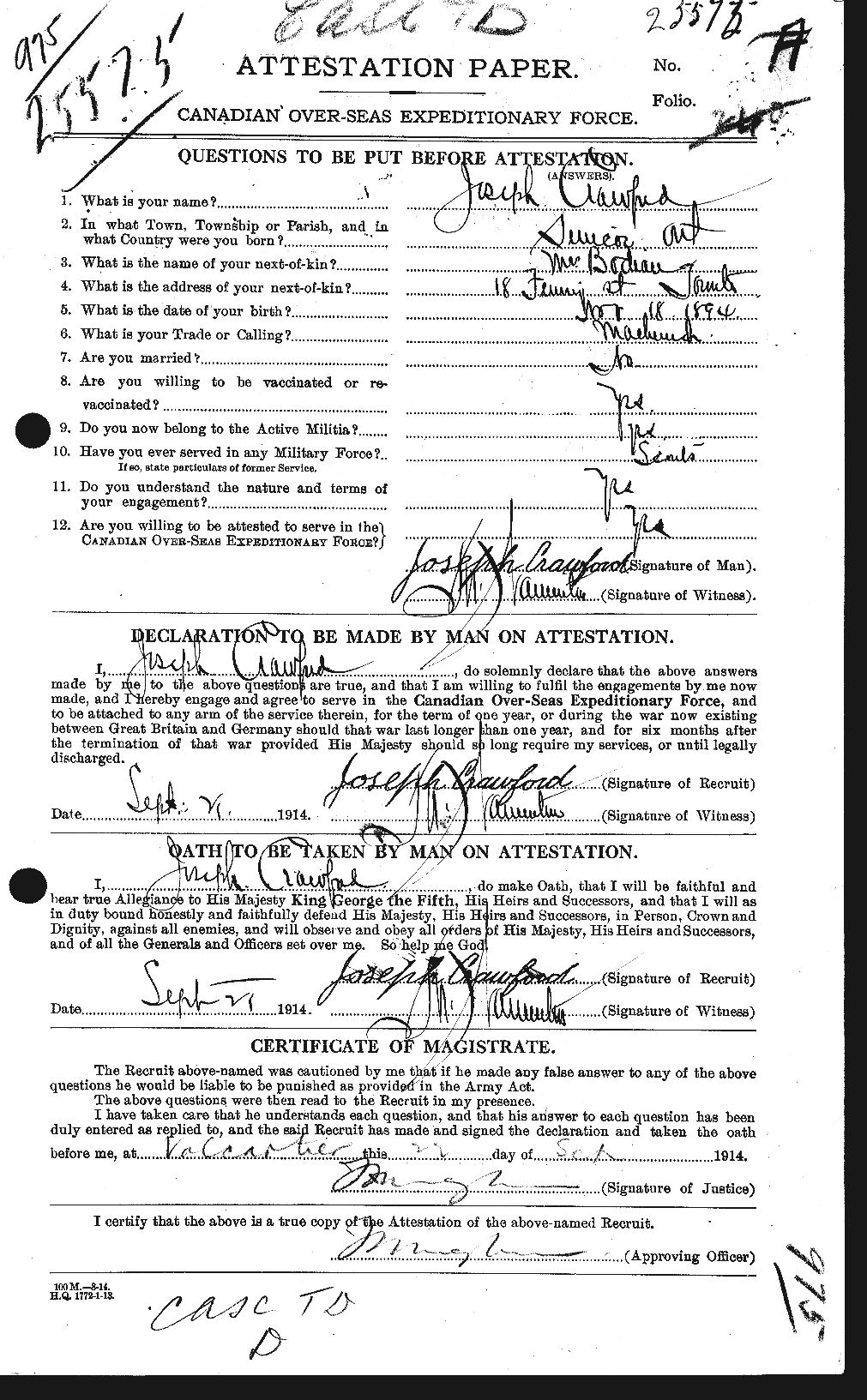 Dossiers du Personnel de la Première Guerre mondiale - CEC 061813a