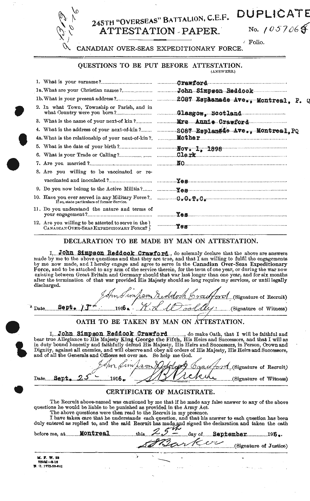 Dossiers du Personnel de la Première Guerre mondiale - CEC 061824a