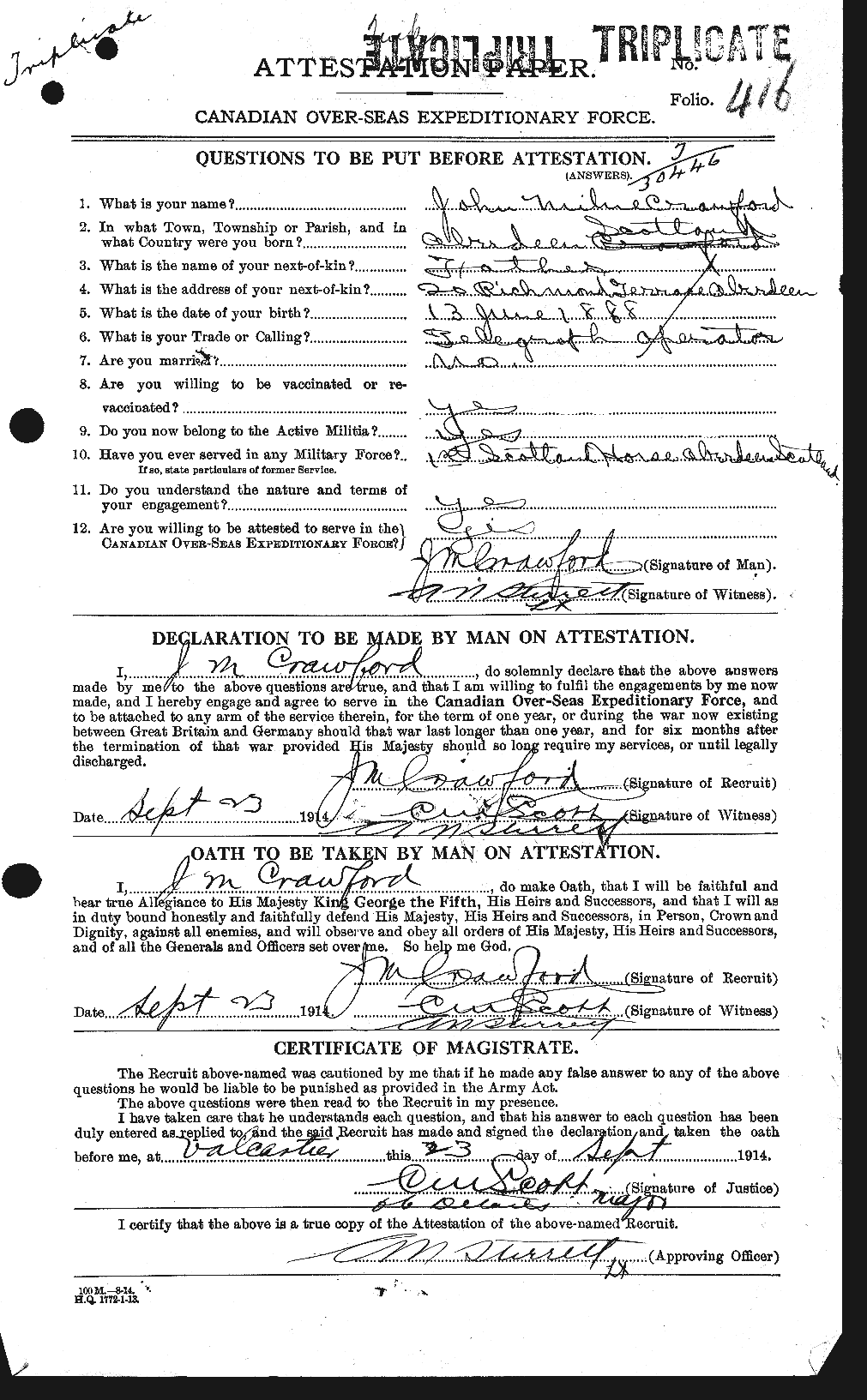 Dossiers du Personnel de la Première Guerre mondiale - CEC 061827a