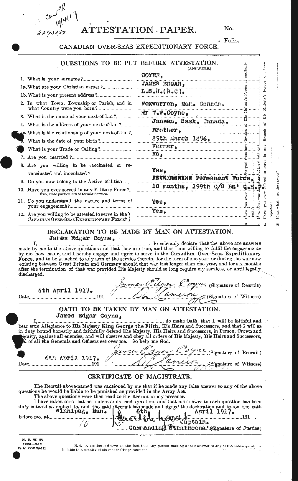 Dossiers du Personnel de la Première Guerre mondiale - CEC 062321a