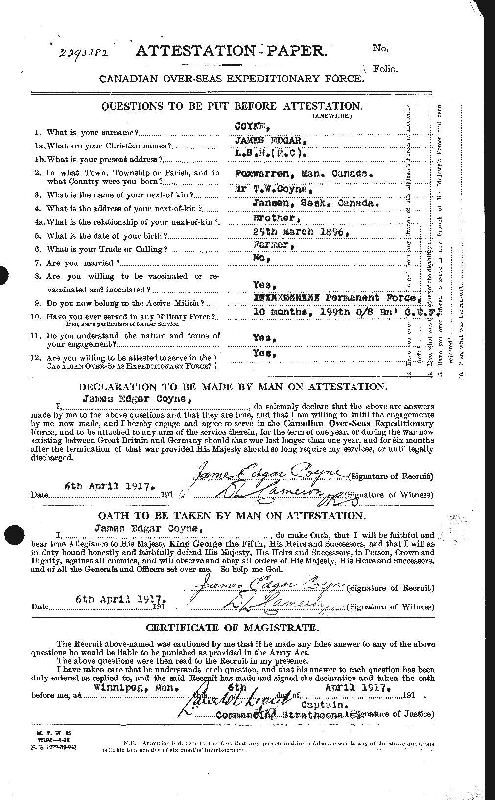 Dossiers du Personnel de la Première Guerre mondiale - CEC 062322a