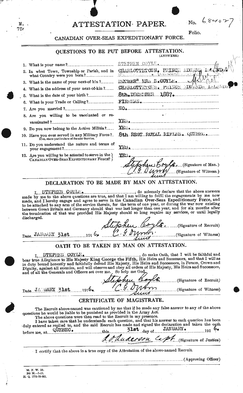 Dossiers du Personnel de la Première Guerre mondiale - CEC 062343a
