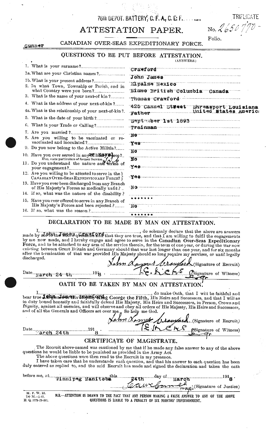 Dossiers du Personnel de la Première Guerre mondiale - CEC 062424a