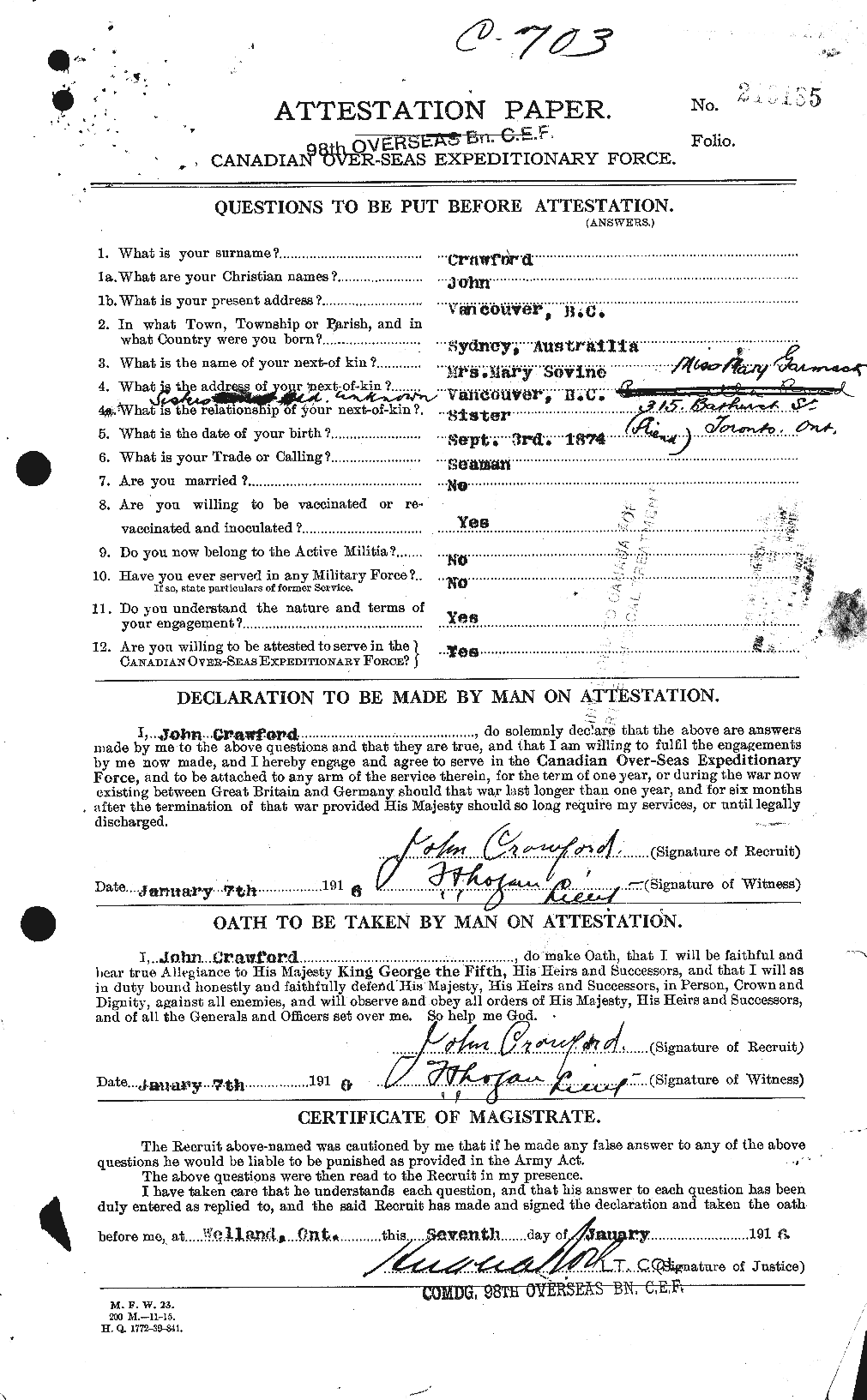 Dossiers du Personnel de la Première Guerre mondiale - CEC 062446a
